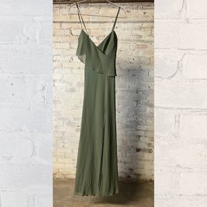 amsale arabella olive strappy ruffle chiffon bridesmaid dress [size 6]